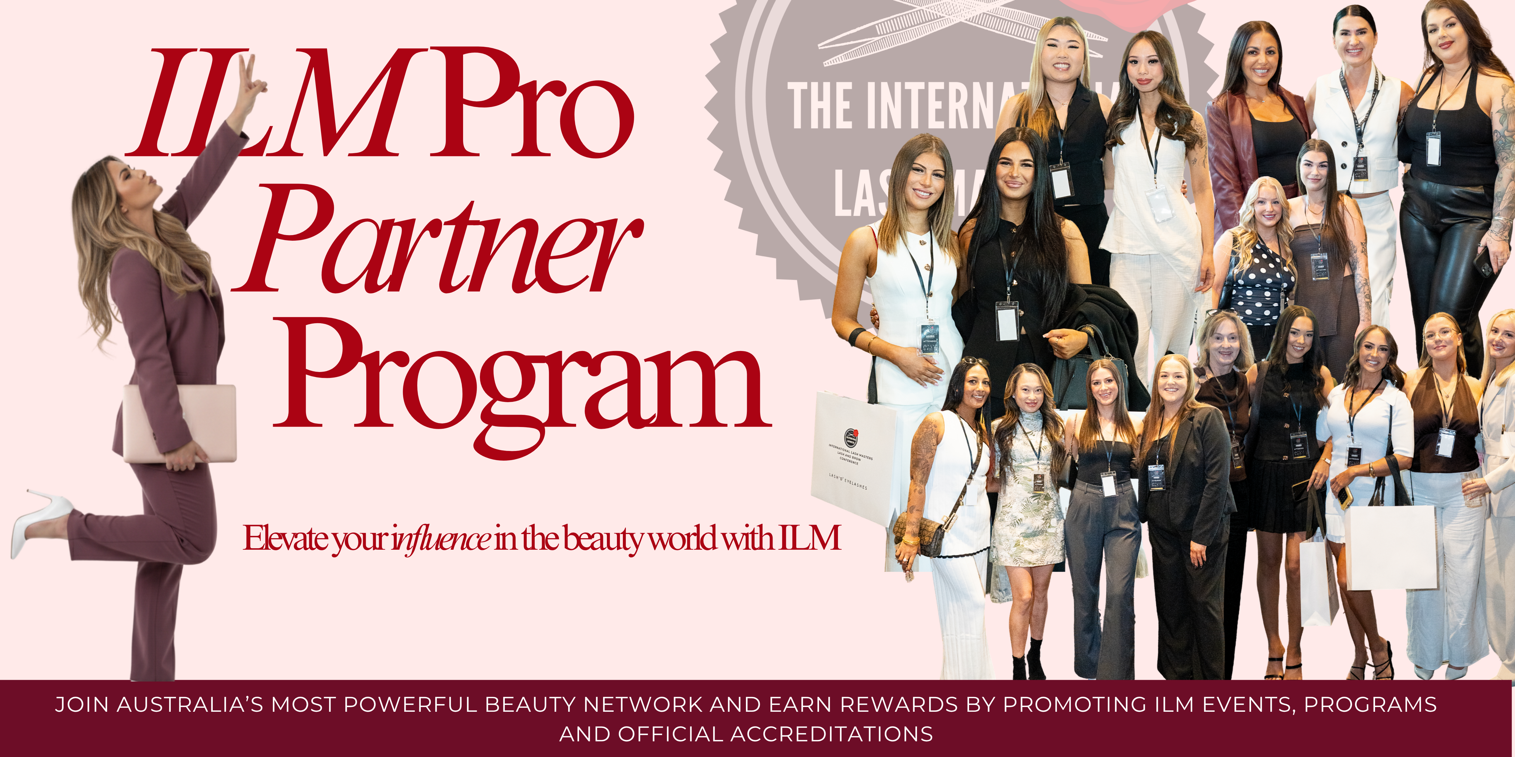 Advertisement for ILM Pro Partner Program featuring a group of women in business attire and attendees from the International Lash Masters Conference