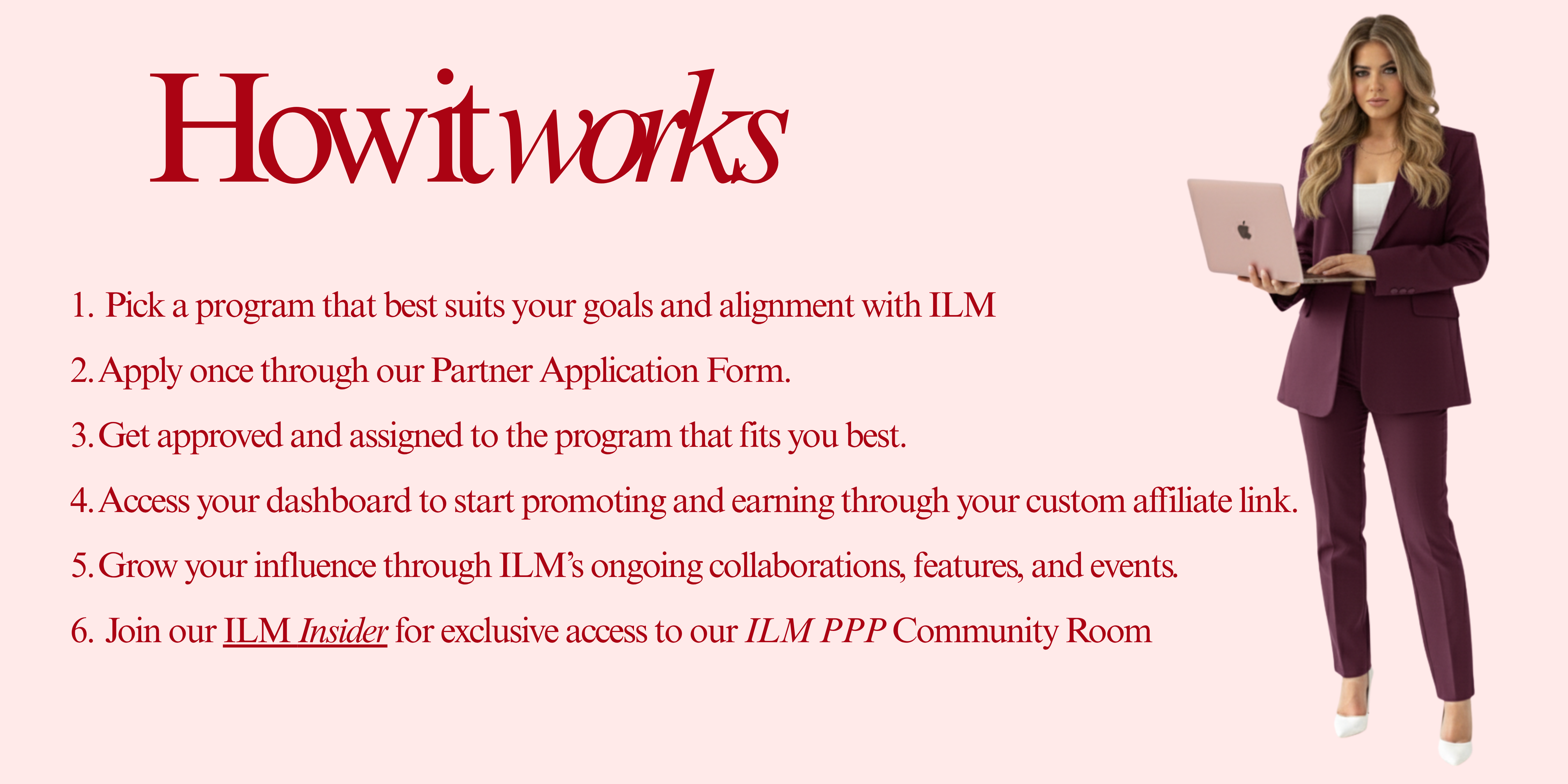 Deanna in a suit holding a laptop with promotional text about International Lash Masters Pro Partner Program on a pink background. 